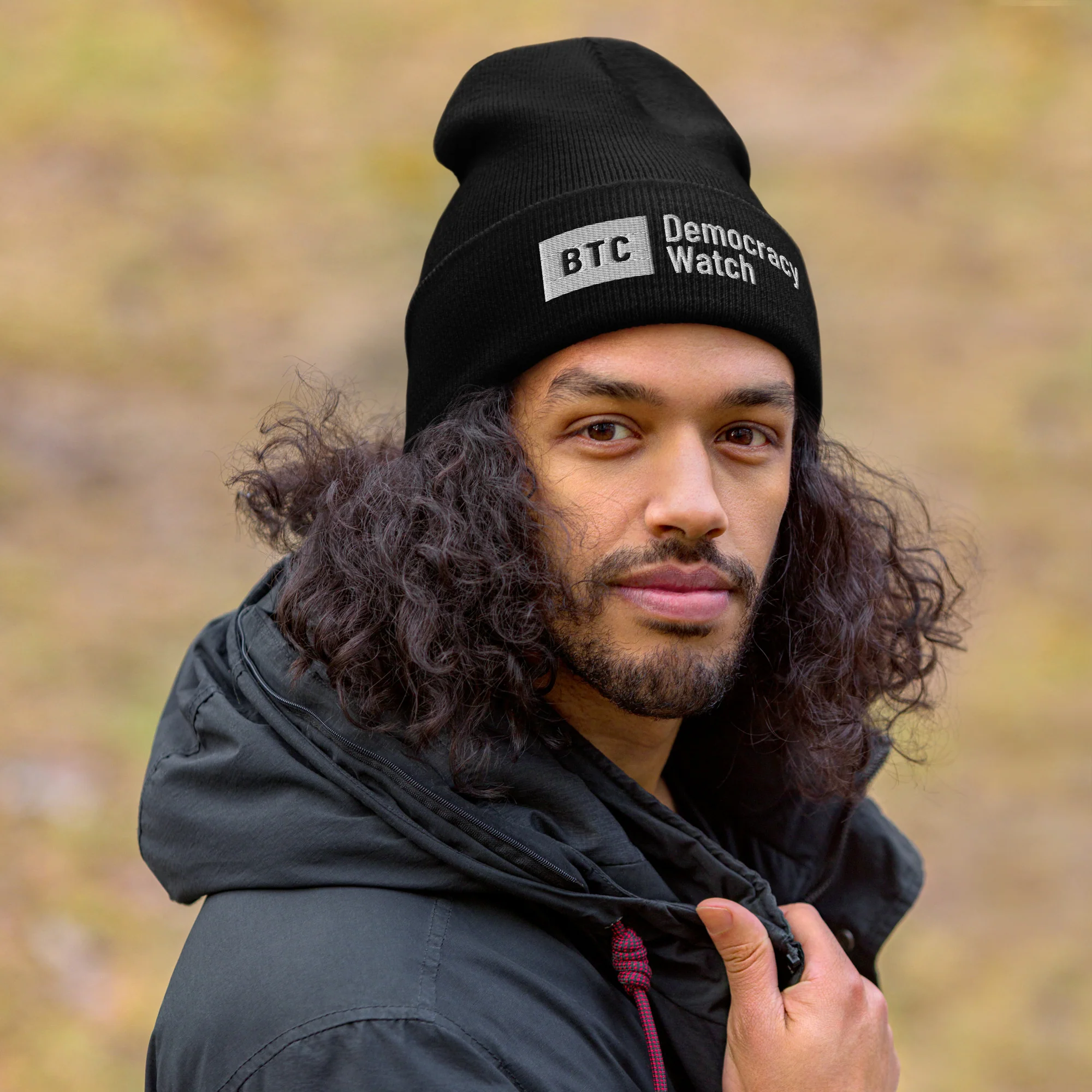 "Democracy Watch" Cuffed Beanie - Navy/Black - Image 4