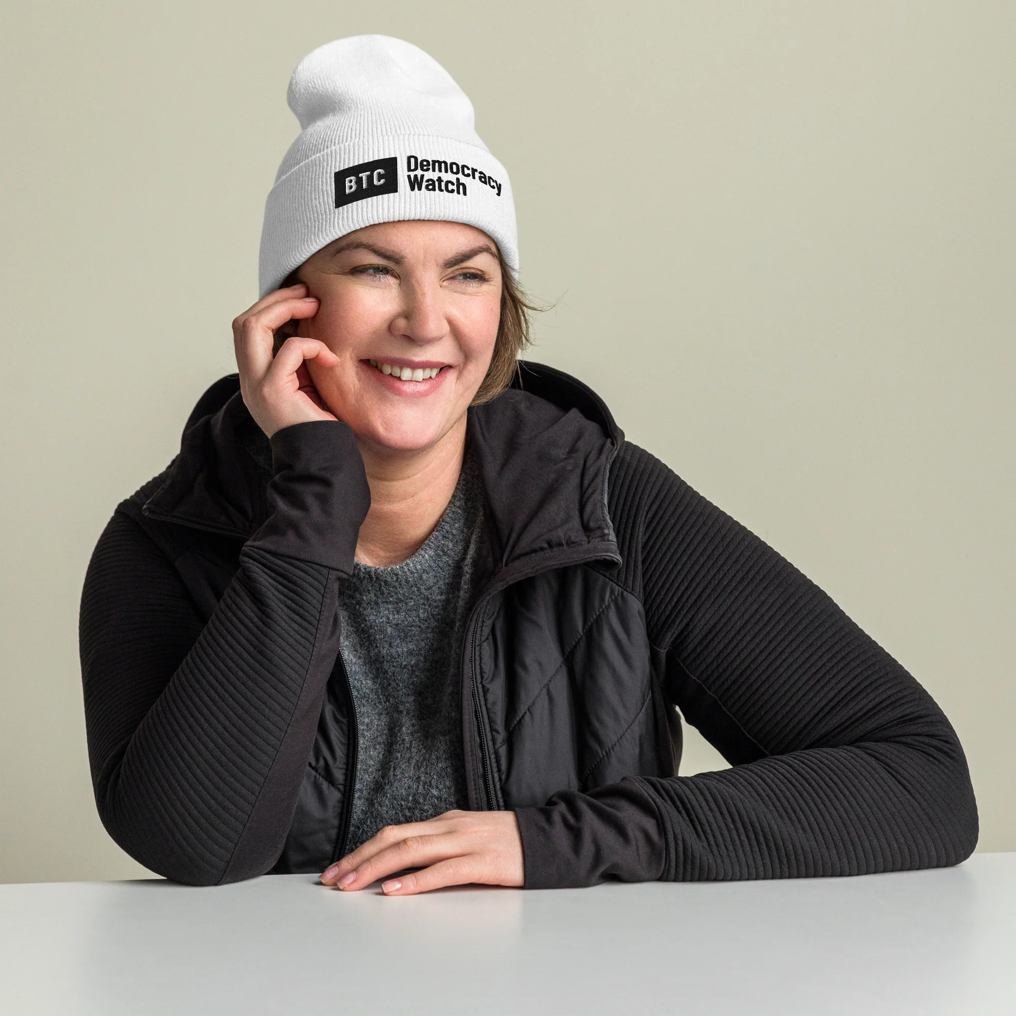 "Democracy Watch" Cuffed Beanie - White - Image 3