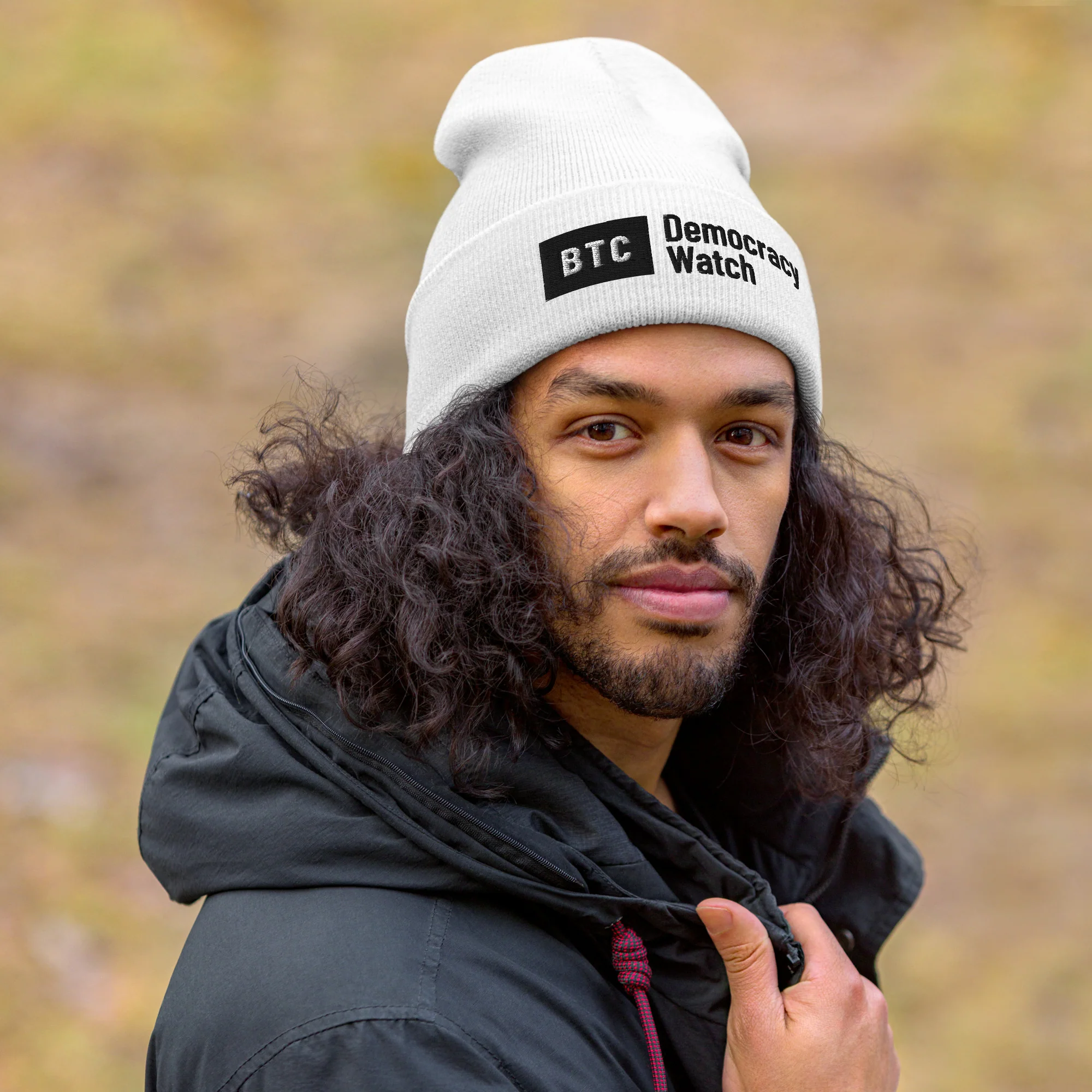 "Democracy Watch" Cuffed Beanie - White - Image 4